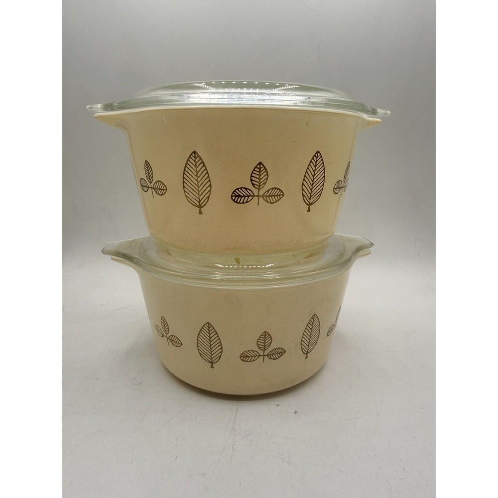 Set of 2 : Vintage 1959 PYREX Gold Leaf Cinderella Buffet Casserole 473 With Lid